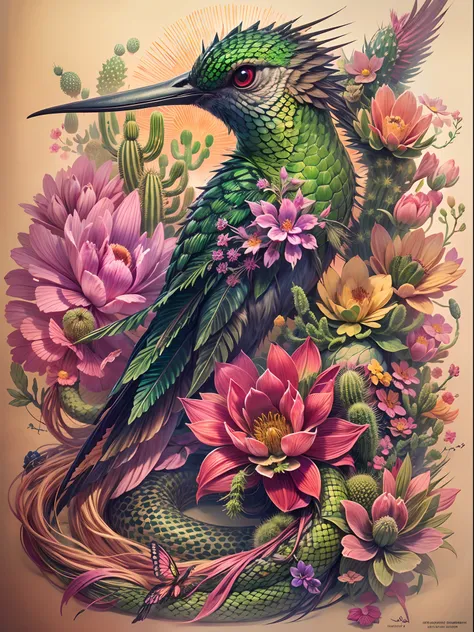 In this tattoo design, create a surreal creature that fuses the features of a hummingbird, a snake, and a cactus, with intricate details such as iridescent feathers, vibrant green scales with spines, and delicate flower blooms growing from the creatures pr...