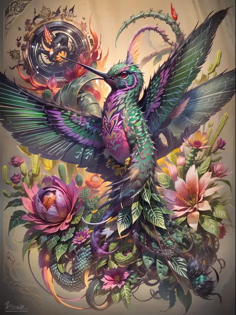 In this tattoo design, create a surreal creature that fuses the features of a hummingbird, a snake, and a cactus, with intricate details such as iridescent feathers, vibrant green scales with spines, and delicate flower blooms growing from the creatures pr...