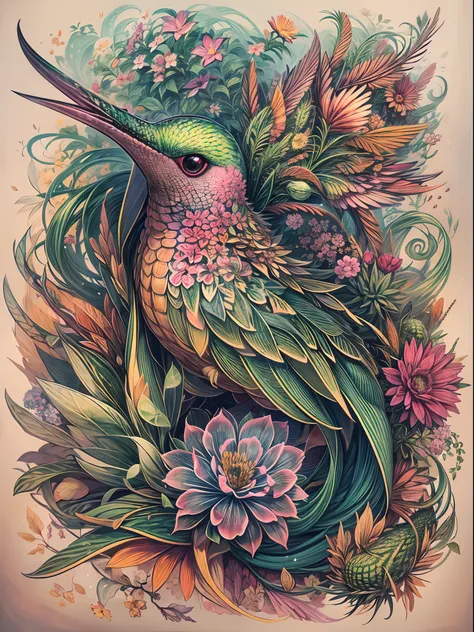 in this tattoo design, create a surreal creature that fuses the features of a hummingbird, a snake, and a cactus, with intricate...