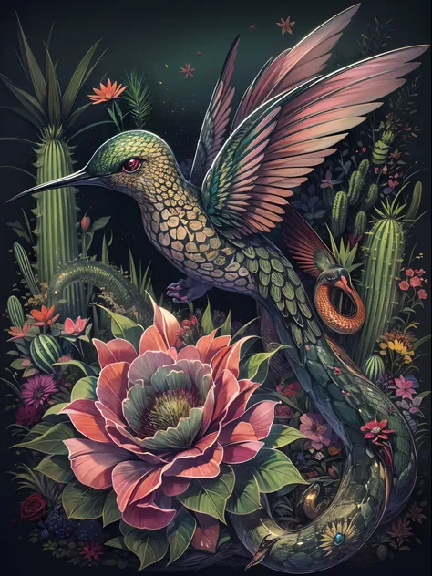 In this tattoo design, create a surreal creature that fuses the features of a hummingbird, a snake, and a cactus, with intricate details such as iridescent feathers, vibrant green scales with spines, and delicate flower blooms growing from the creatures pr...