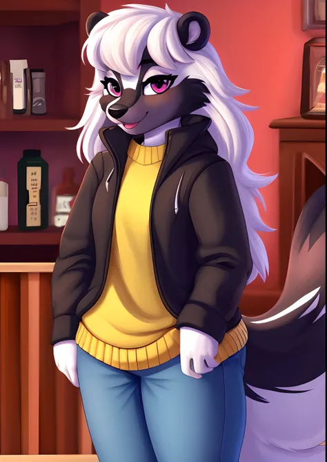 (best quality,4k,highres:1)e621 upload, female, anthro skunk being cute, wearing clothes