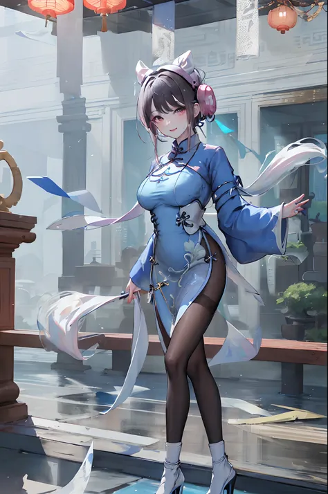 Masterpiece, Superb Product, 1 Woman, Blue Clothes, Blue Cheongsam, Full Body Photo, Antique Chinese, White Cloth Bun Bun, Black Hair, Leaky Shoulders, Large Chest, Long Legs, Smile, Black Pantyhose, Pale Pink Lips, Embroidered Clothes, High Heels