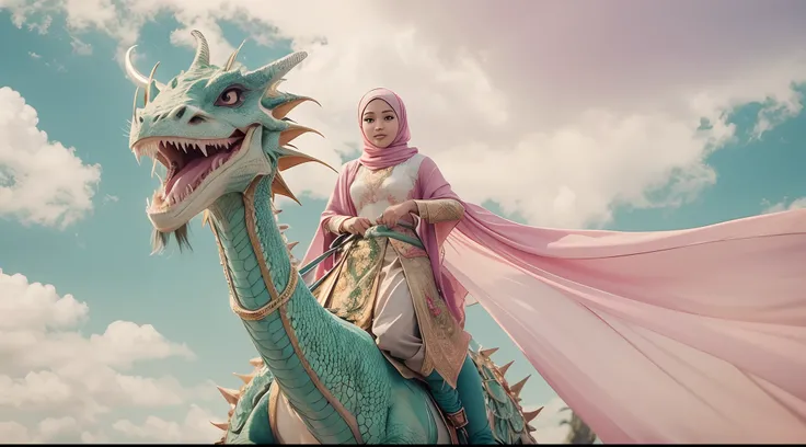 Create a scene where the Malay girl in hijab and malay women traditional attire is riding a majestic, photorealistic dragon through the skies. Shes a dragon tamer in a breathtaking aerial adventure. style raw, pastel color grading, Super 8mm lense, Extreme...