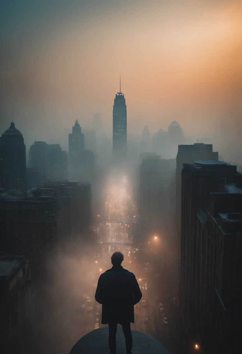 man translucent like a ghost with his hair up, in the middle of a terrifying fog with the city in the background