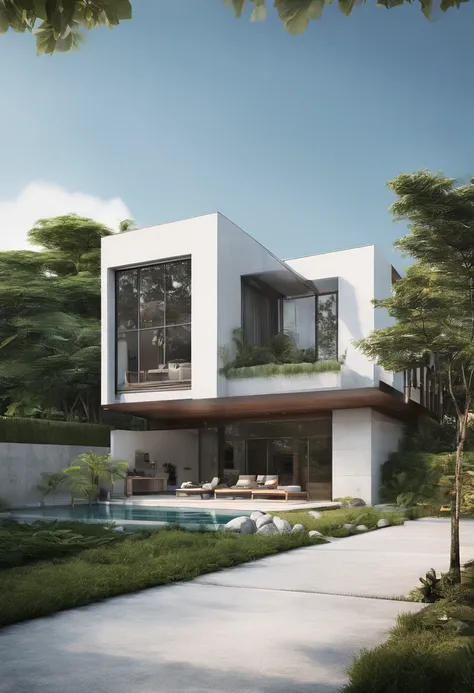 a modern style 2-story villa with garden and swimming pool in Vietnam, characterized by clean lines, large windows, open-plan living spaces, natural materials such as wood, stone, concrete, and glass, lush greenery, tropical plants, water features, and out...