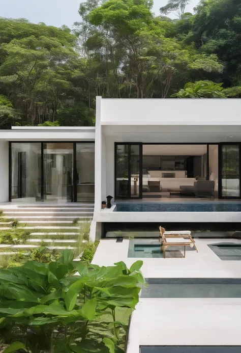 a modern style 2-story villa with garden and swimming pool in Vietnam, characterized by clean lines, large windows, open-plan living spaces, natural materials such as wood, stone, concrete, and glass, lush greenery, tropical plants, water features, and out...