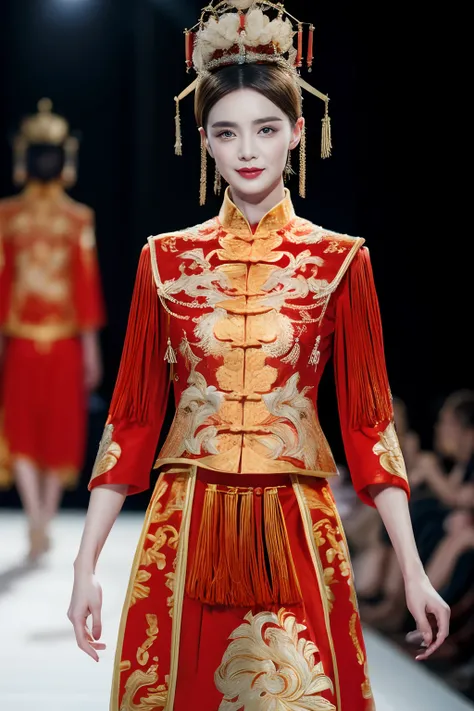 (Chinese court fashion show:1.5),1个Giant Breast Girl, stunningly beautiful, Wearing a long red and gold dress，with a crown on her head, posed for photo, Fashion show, Long face, Blue eyes, （Catwalk walk:1.5）, The grand finale of the fashion show, Fashion s...