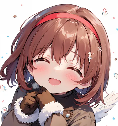 a five years girl、From  above、Over Head Shot、(Looking Up:1.2)、red hairband、Brown straight short cut hair、Brown long coat for winter、I have my mouth wide open、Cute closed eyes、closed eye、A smile、bird’s eye view、snowflakes falling、Overlapping hands、Winter Fi...