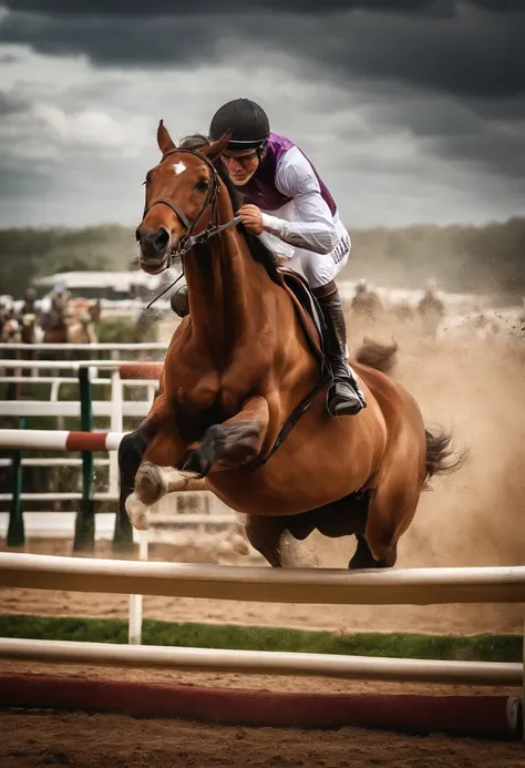 Horse racing、Steeplechase、hurdle、A rider on a horse leaps、Compete with other horses、photos realistic