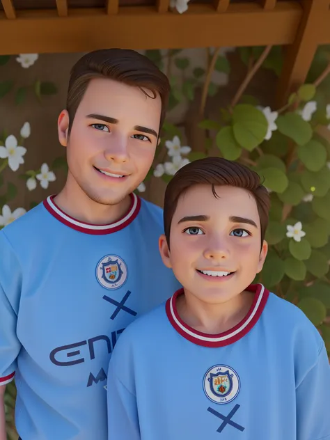 Crie uma imagem alta qualidade estilo Disney Pixar de um homem 36 anos e um menino 8 anos posando para uma foto, foto de perfil, Manchester City, tirado no iphone 1 3 pro, tirado no iphone 14 pro, Family photo, Tiro no iPhone 1 3 Pro, Duncan Fegredo, # Oc,...