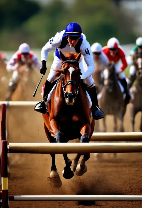 Horse racing、Steeplechase、hurdle、Japan rider on horse leaps、Compete with multiple horses、photos realistic