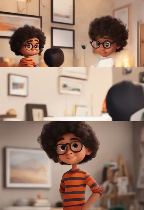 Um filme inspirado na Disney Pixar (menino pardo, JOVEM, of eyeglasses, COM CABELO cortado levemente ondulado preto) dentro A cena estar na arte distinta do estilo PIXAR, descolada e estilosa