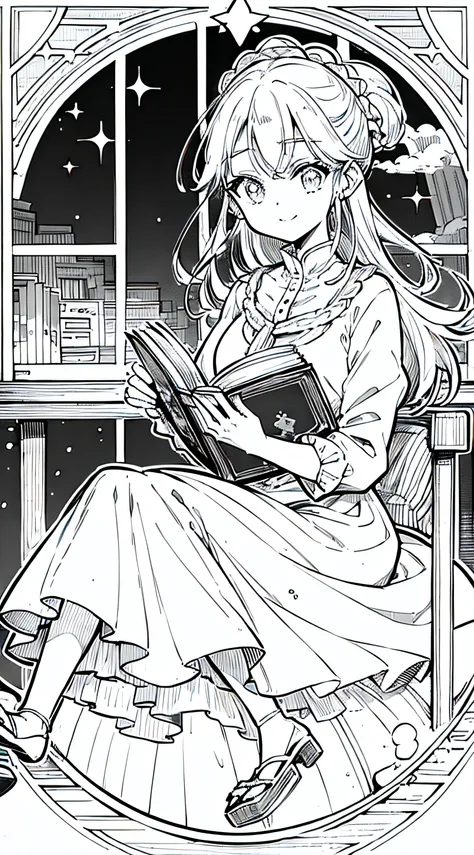 Cute princess、night sky full of stars、Reading a book on the windowsill, lightly smile on her face, shes enjoying read this book, (Best Quality:1.3), (high resolucion:1), (detailed:1.3), (astonishing:1.3), (perfect:1.3), (perfection:1.3), (Illustration:1.3)...