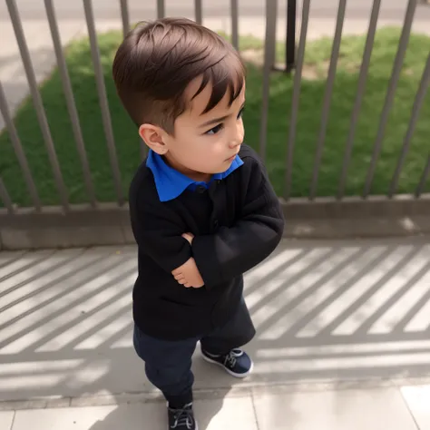 Child standing on a sidewalk with a black sweater and blue shirt, Reyyan, 2 anos, olhando para o lado dele, Tomado com Sony Alpha 9, Young Child, Looking away from the camera, looking to the side off camera, looking away from camera, imagem de qualidade mu...