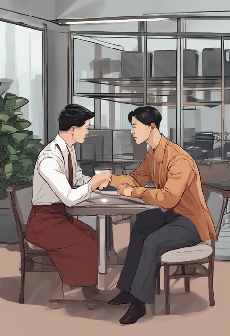 Two Chinese men sat at a table chatting, Be interviewed, interview, reddit post, photoshoot, Profile image, artistic pose, YouTube video screenshots, personal profile picture, Avatar image, smooth in _ Background with, Photo portrait, Professional artwork,...