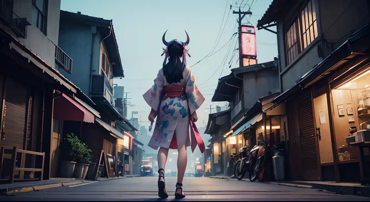 Stand on the streets at night during the dynastic era、Wearing a kimono with plenty of delicate ornaments、Watercolor painting depicting the back of a girl wearing a demon helmet, Hair and kimono swaying in the wind, VOFAN STYLE, Pastel colors, Cute, eccentr...