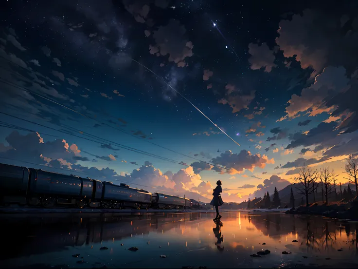 High quality masterpiece, landscape, anime train passing through bodies of water on tracks, bright starry sky. Romantic train, pixiv, concept art, lofi art style, reflection. by Makoto Shinkai, lofi art, Beautiful anime scene, Anime landscape, detailed sce...