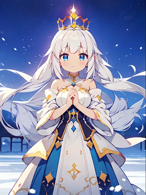 Anime girl with long white hair and blue dress in the snow, white haired god, white hair floating in air, anime fantasy illustration, flowing white hair, beautiful young wind spirit, beautiful fantasy anime, glowing flowing hair, ethereal anime, beautiful ...