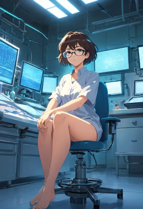 raw, wide angle, A woman in a dark laboratory sitting on a operating table of the future wears glasses, nude., laboratory, hardware, Bright environment, Neon, ((cyberpunked))