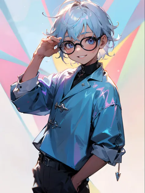 Male child, eye glasses,Cowboy Shots,A smile, silber hair，Daytime，Iridescent background，