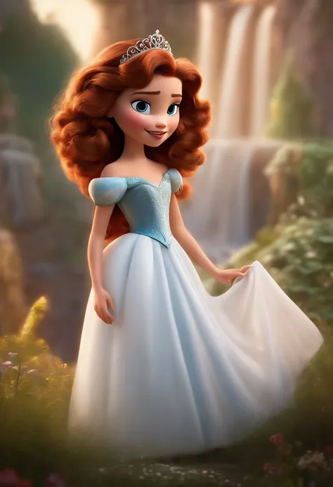 Um filme inspirado na Disney Pixar (Mulher princesa JOVEM COM CABELO LONGO CACHEADO loiro) dentro A cena estar na arte distinta do estilo PIXAR, vestido preto e branco com brilho