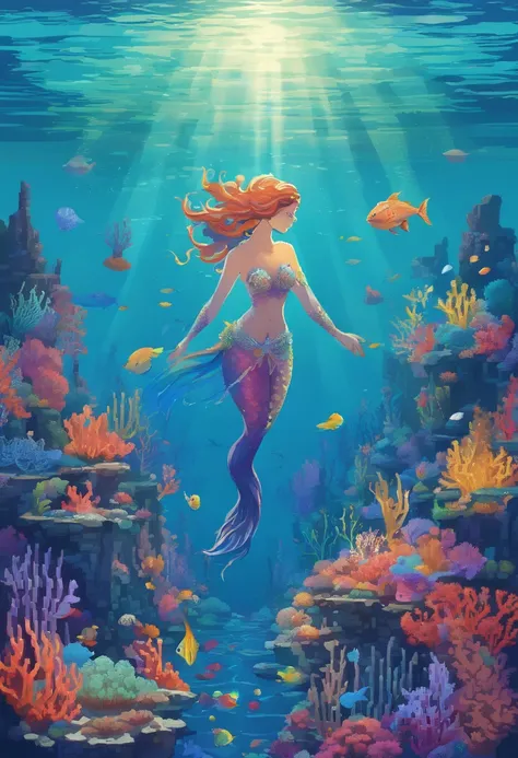 sea goddess,mermaid,beautiful ocean,serene underwater scene,flowing seaweed,shimmering scales,pearlescent tail,ethereal beauty,sunlight filtering through the water,glowing marine life,coral reef,fish swimming gracefully,fantasy creature,turquoise waters,da...