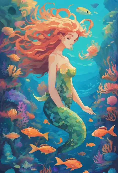 sea goddess,mermaid,beautiful ocean,serene underwater scene,flowing seaweed,shimmering scales,pearlescent tail,ethereal beauty,sunlight filtering through the water,glowing marine life,coral reef,fish swimming gracefully,fantasy creature,turquoise waters,da...