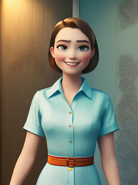 pixarstyle a waist-length portrait of a young woman in a office shirt, smile, office, natural skin texture, 4k textures, hdr, intricate, highly detailed, sharp focus, cinematic look, hyperdetailed