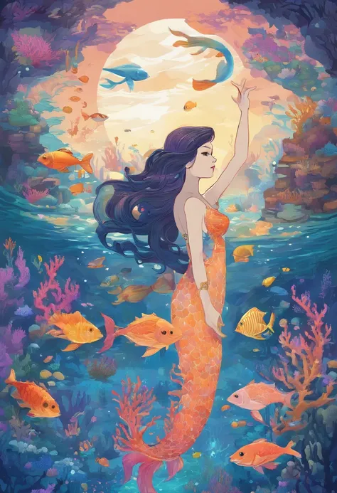 Goddess of the sea,mermaid,Beautiful ocean,Tranquil underwater scene,Flowing seaweed,Shimmering scales,Pearlescent tail,Ethereal beauty,Sunlight is filtered through the water,Sparkling marine life,the reef,Fish swim gracefully,fantastical creature,Turquois...