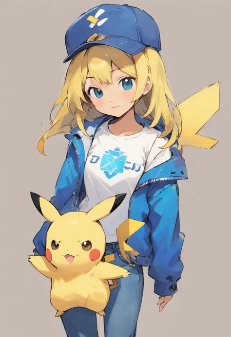 Pokémon: Pikachu wears a white shirt, blue jacket, and blue jeans