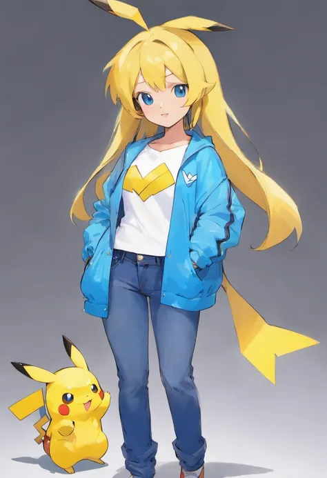 Pokémon: Pikachu wears a white shirt, blue jacket, and blue jeans