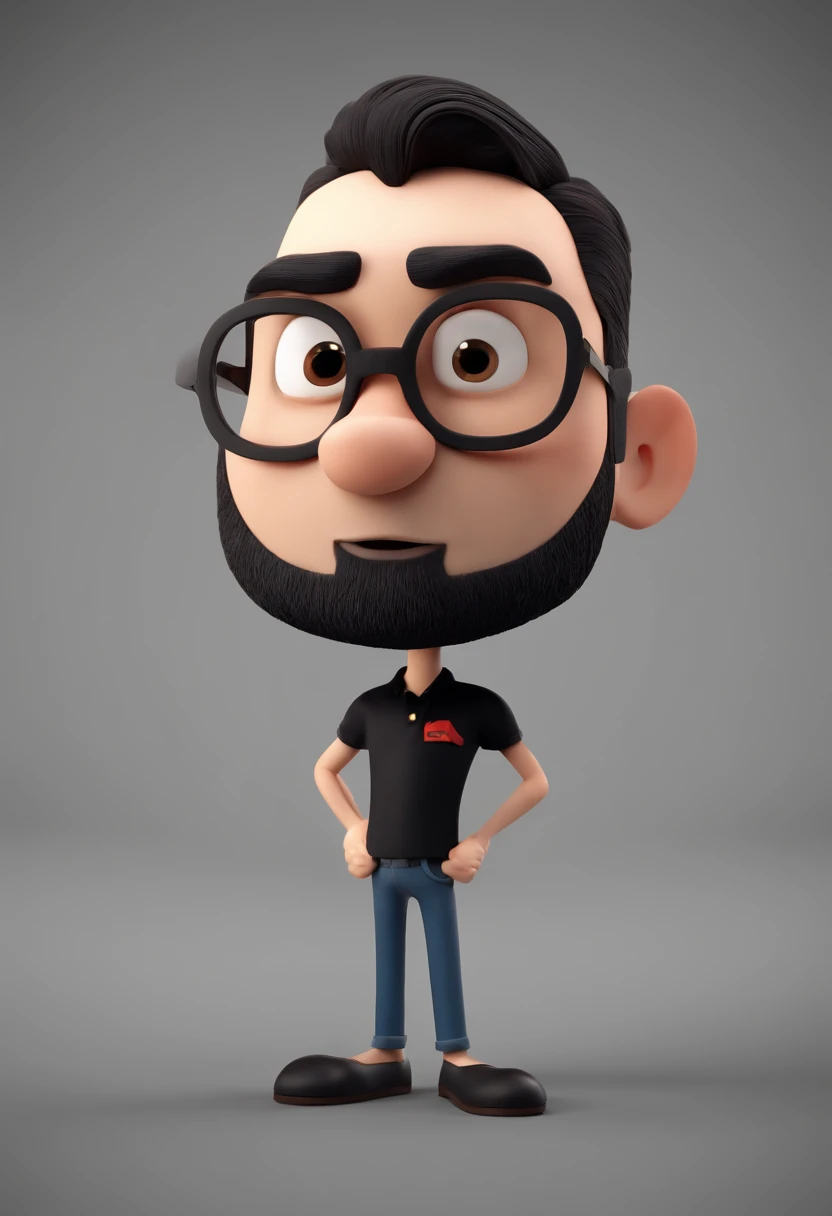 Cartoon character of a man with black glasses and a black polo shirt, cabelo liso, With beard and old school tattoo on his arm, animation character, Caractere estilizado, animation style rendering, 3D estilizado, Arnold Maya render, 3 d render stylized, to...