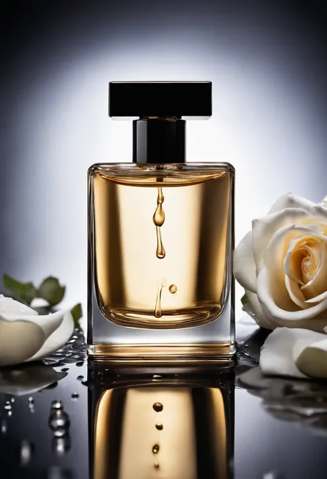 a product photography of a perfume , on a black desk, drops of water, transmit American feeling, dripping water, diffused lighting, surrounded by white rose blade, product photographigh detailed composition