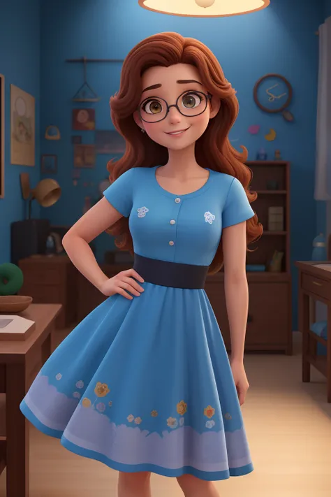 Desenhe estilo pixar ou Disney Uma mulher de 28 anos, pele clara com longos cabelos castanhos escuros , Rosto redondo, sorriso encantador, e olhos castanhos, em uma sala de fundo azul claro, studio lighting, Production Engineering Student . Shes wearing a ...