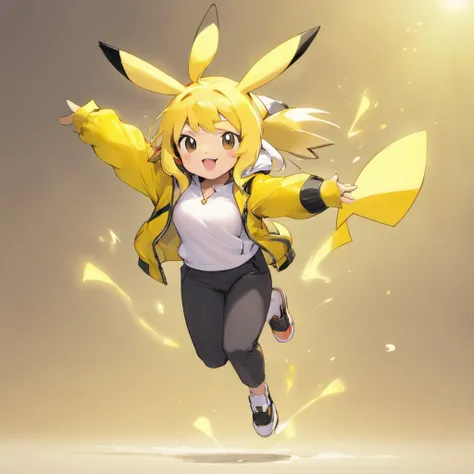 Pikachu wears a white shirt, A yellow jacket, Black pants, and white shoes，Lovely jump，Current surrounds，Body stretching，Brighten skin，HighestQuali，8K