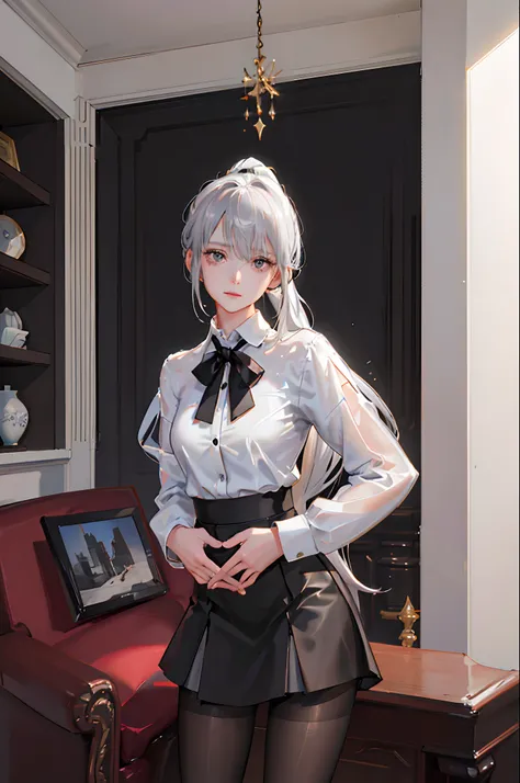 ((1 girl)),((high-definitionultra-high quality,High resolution,))),(epic detail)),((Soft shadows)),(Ray tracing),{Best Shadow}, Detailed background, ((livingroom)),((Fluffy silver hair, Medium breasts slender girl with high ponytail)))), [Avoid golden eyes...