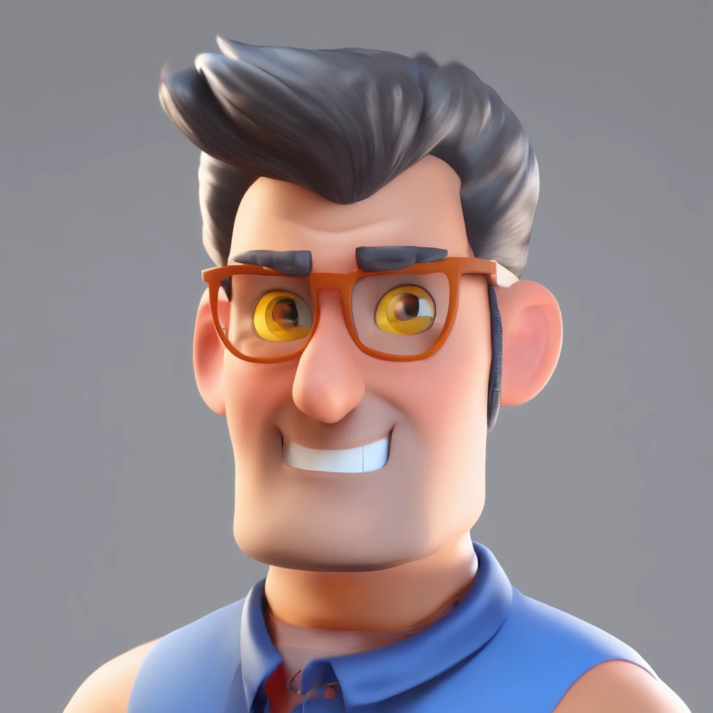 Criar um personagem no estilo Pixar. Trata-se de um homem de 30 anos, com barba, Branco, com cabelos castanhos curtos e um quiff, e olhos castanhos. Ele deve estar na frente de um computador, Trabalhar como designer