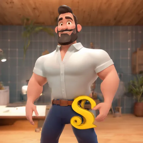 Criar um personagem no estilo Pixar. Trata-se de um homem de 30 anos, com barba, Branco, com cabelos castanhos curtos e um quiff, e olhos castanhos. Ele deve estar na frente de um computador, Trabalhar como designer