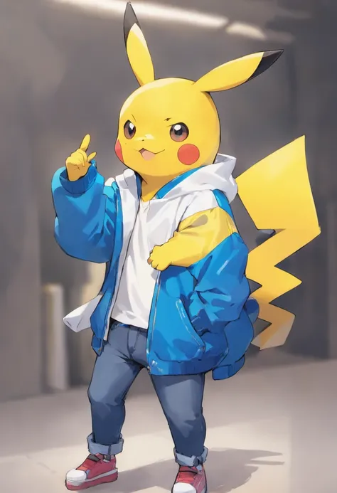 Pokémon: Pikachu wears a white shirt, blue jacket, and blue jeans