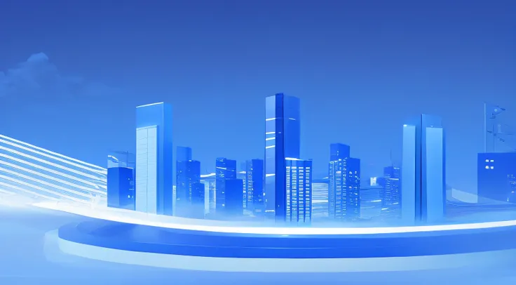 A blue tech background，There is an abstract silhouette of the city，Tech lines，Light blue