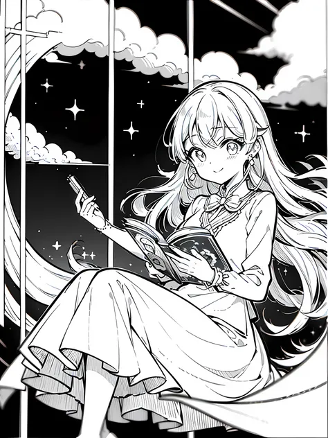 Cute princess、night sky full of stars、Reading a book on the windowsill, lightly smile on her face, shes enjoying read this book, (Best Quality:1.3), (high resolucion:1), (detailed:1.3), (astonishing:1.3), (perfect:1.3), (perfection:1.3), (Illustration:1.3)...