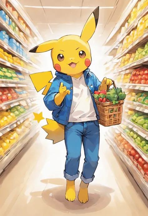 Pokémon: Pikachu wears a white shirt, blue jacket, And blue jeans with a shopping basket to go to the supermarket