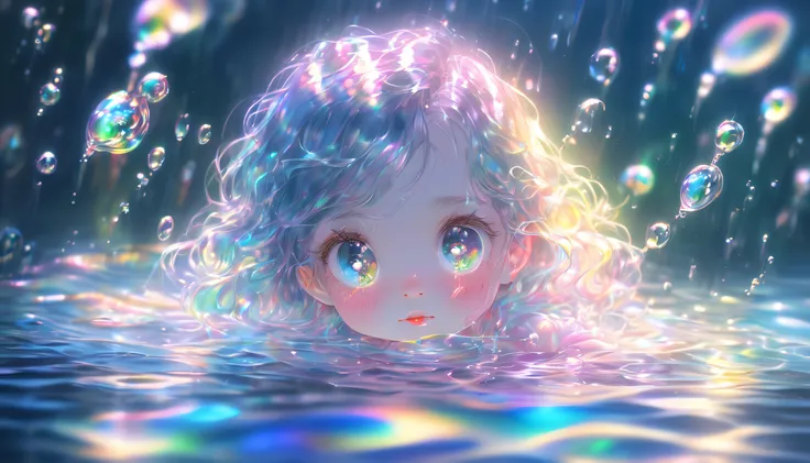 The little girl in the water, the dreamy colors, Close-up, the light refracted into the water, reflections transparent iridescent colors,Soft illumination/ soft lights, High Detail, Ultra-high Definition,