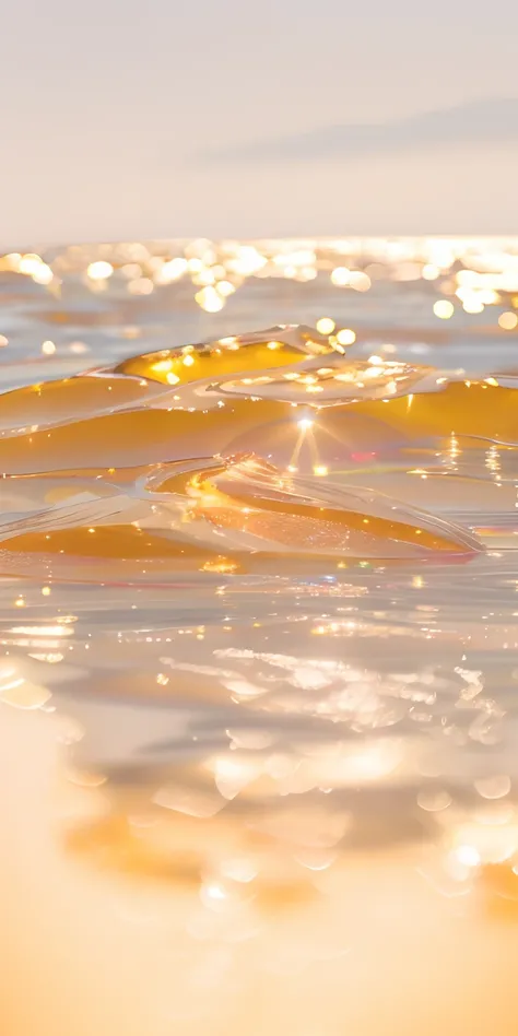 Glare on the water, gold refractions off water, shiny gloss water reflections, Honey ripples, liquid translucent amber, water reflecting suns light, Lake is filed with molten gold, bokeh on side of the river, Glowing water with caustics, shimmering iridesc...