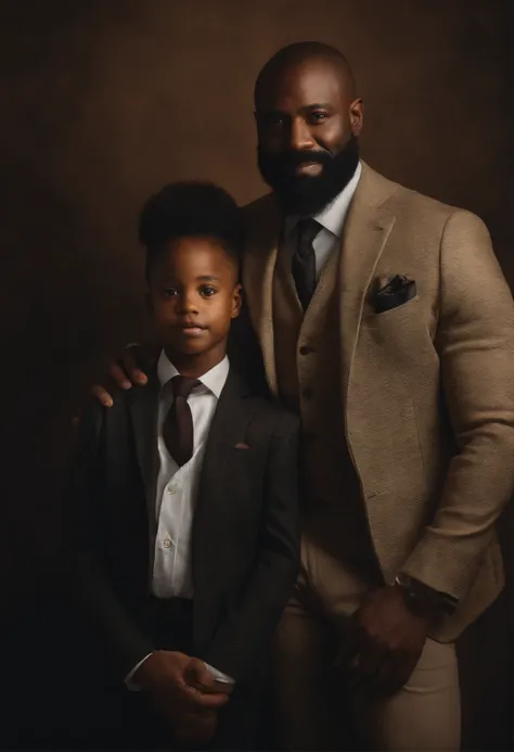 (highres,masterpiece:1.2),(realistic,photorealistic,photo-realistic:1.37) portrait of a (handsome, strong) black father, (with a kind, gentle expression) (wearing a stylish suit:1.1). The father has (expressive eyes:1.1) (with a gleam of wisdom), a (well-d...