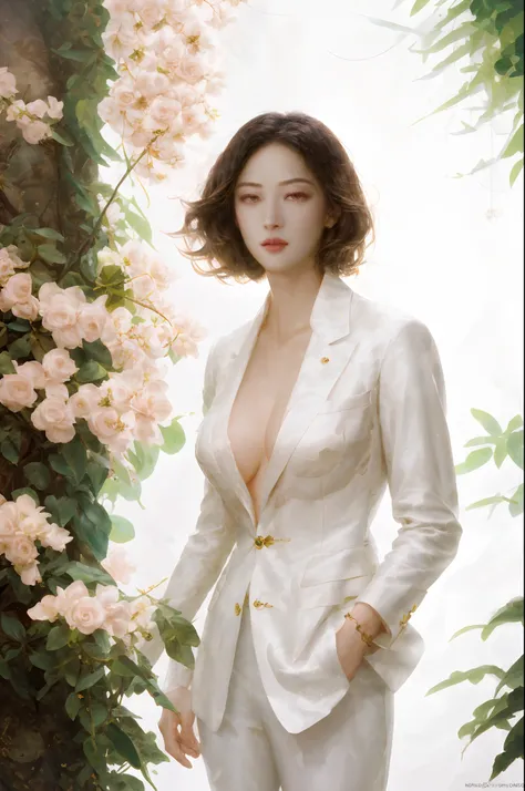 fully body photo,((pores)),fashion magazine,sophisticated haircut,ultrarealism oil painting,(Pure white parrot),white business suit,DEEP-V COLLAR,(Short-haired neutral woman),((a mature female)),Pink big breasts,Plant cover background,The style of artist B...
