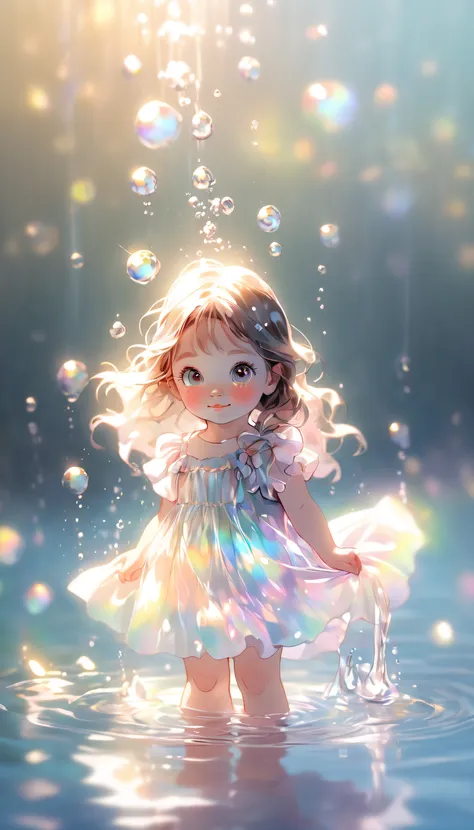 little girl in the water, fantasticcolors, close-up, light is refracted into water, reflections transparent iridescent colors,ge...