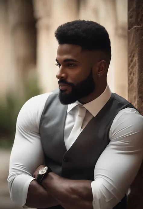 Acima、Make a handsome 30-year-old black man in front of the camera, (Use barba,) Attractive and serious look, cabelo preto curto, elegante e elegante, Shave well fitted on suit and strong body, (alta qualidade, imagens realistas), Preto escuro e claro no f...