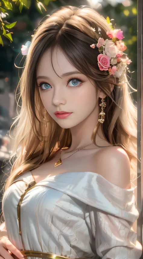 best qualtiy，tmasterpiece，hight resolution，1girll，dingdall effect，realisticlying，edge lit，two tone lighting，（highdetailskin：1.2），8K UHD，pure，Dolce，flowers background，Colorful background，Based on physical rendering，Perfect Light and Shadow，extreme hight det...