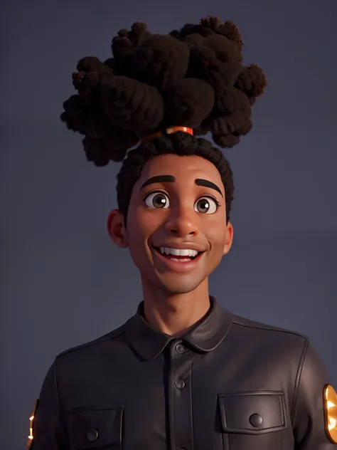 Make an image that is exactly the same as this example. black skin, curly hair, Please render in typical Disney Pixar style, smiling into camera. Sharp and detailed, 8k, hyper realistic, Kodak 200T, dramatic lighting, minimalist background